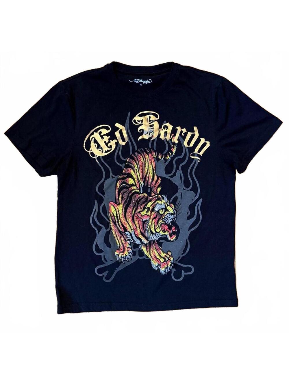 Ed Hardy Men's Medium Black Rhinestone Tiger Graphic Y2K Grunge T-Shirt